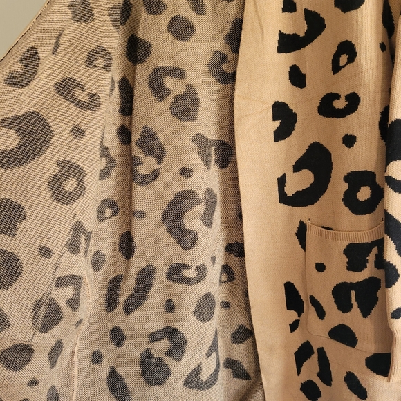 Tan/Black Leopard Print Long Open Front Cardigan Sweater Size M/L - Picture 6 of 10